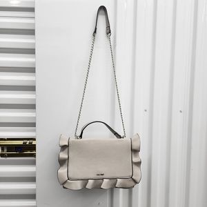 NEW Nine West Faux Leather Gray Ruffle Handbag Purse Bag with Silver Chain